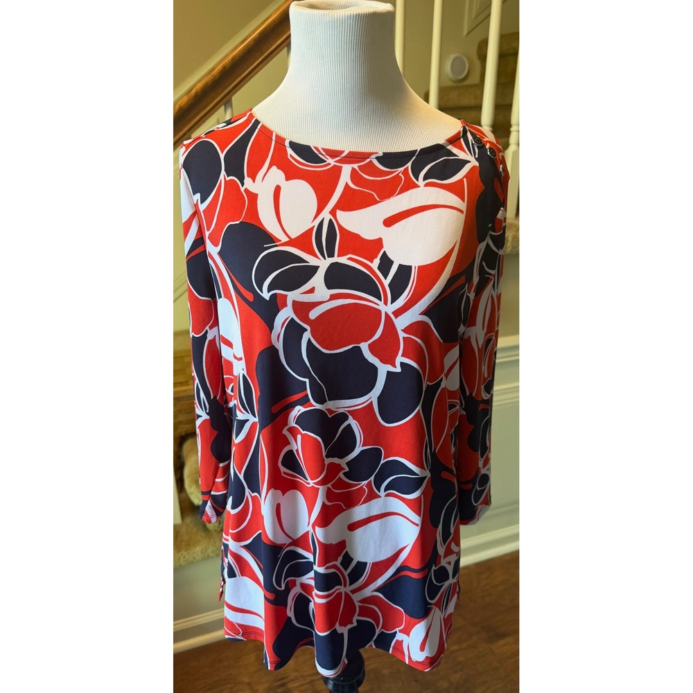 Croft & Barrow Womens Red Navy Blue Floral 3/4 Sleeve Blouse PM Petite Medium